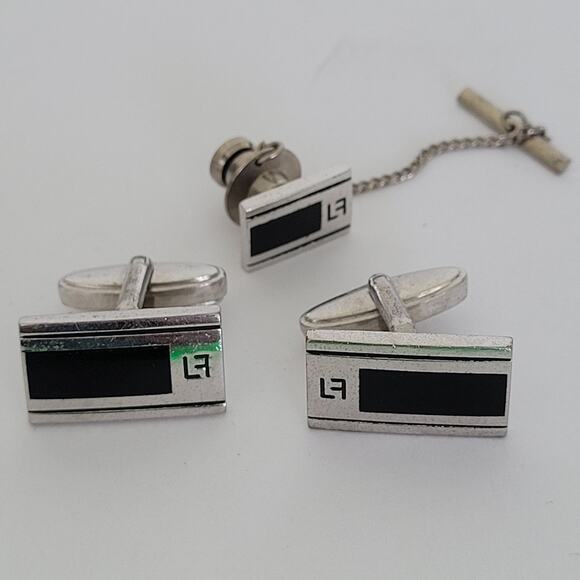 Louis Feraud LF Tie Pin Clip Cufflinks Set Silver Black Tone Designer Rectangle - Picture 1 of 8